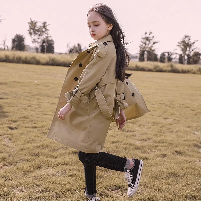 4-13 Years Teen Girls Long Trench Coats New Fashion England Style Windbreaker Jacket For Girls Spring Autumn Children's Clothing