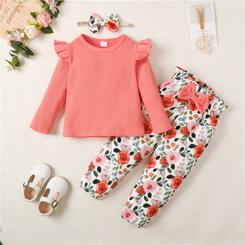 1-5Years Kids Girl Long Sleeve Clothes Set Solid Color Ribbed Shirt+Floral Pants+Headband Autumn 3PCS Outfit for Toddler Girl