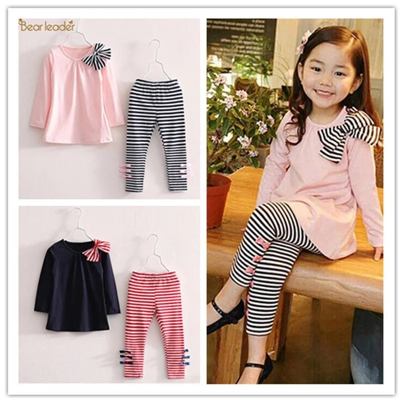 2023 New Children's Sportswear Girls' Autumn/Winter Set Bow Tie Decal Top+Striped Pants Set Girls' Children's Clothing 3-7Y