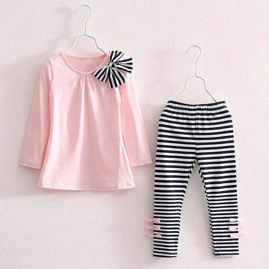 2023 New Children's Sportswear Girls' Autumn/Winter Set Bow Tie Decal Top+Striped Pants Set Girls' Children's Clothing 3-7Y