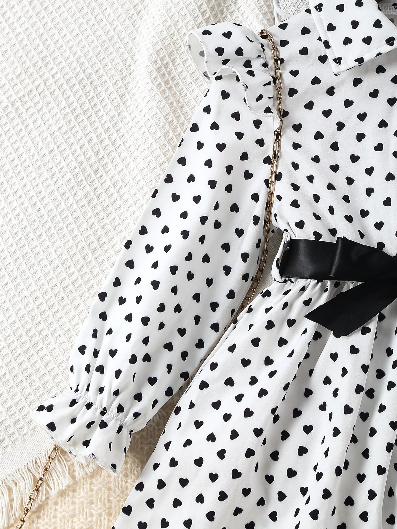 Girls Are Suitable for Spring & Fall, Elegant and Ladylike Polka-dot Front-breasted Umbrella-shaped Hem, Long Shirt Top + Tights + Belt Three-piece Set